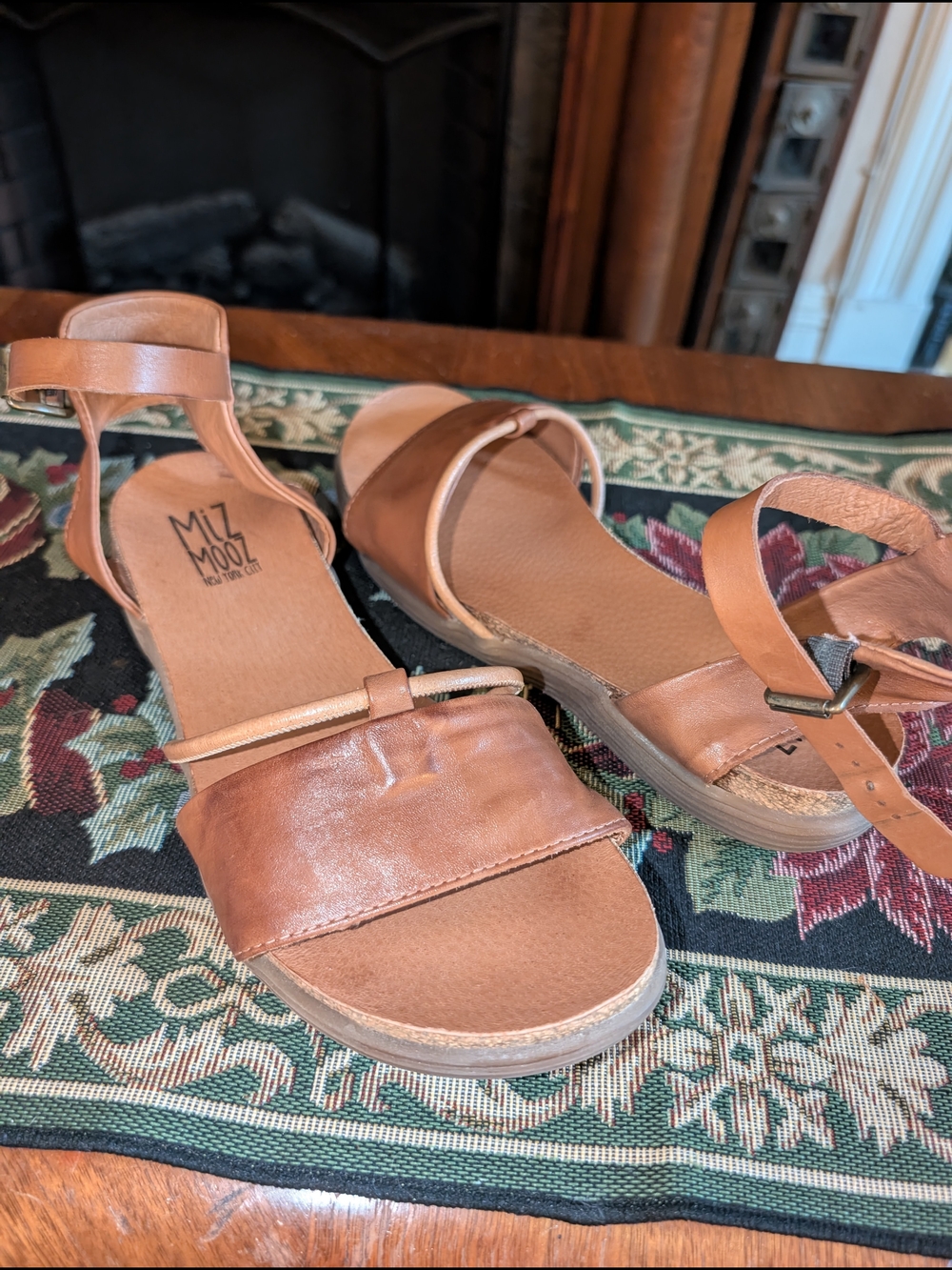 Miz Mooz Cognac Leather Ankle-Strap Sandals